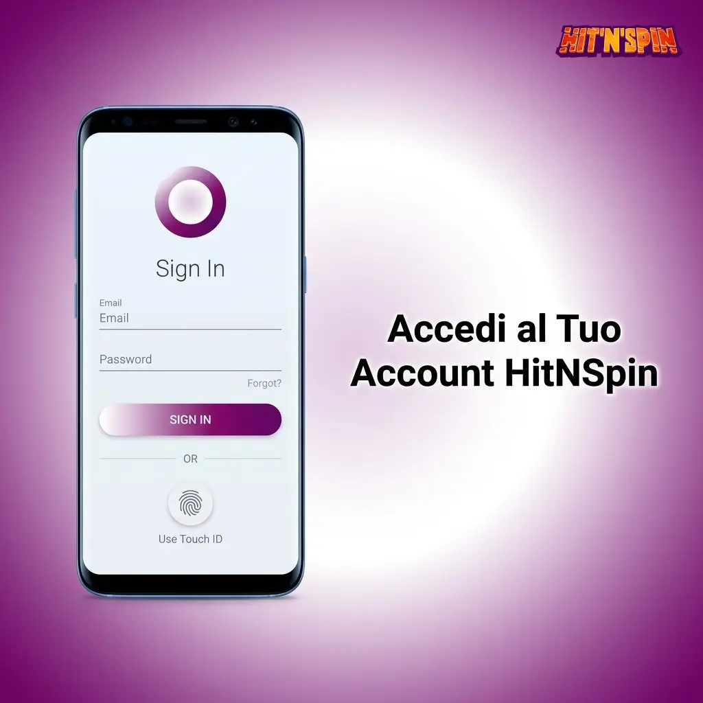 Schermata di login HitNSpin con modulo per email e password su browser e app mobile