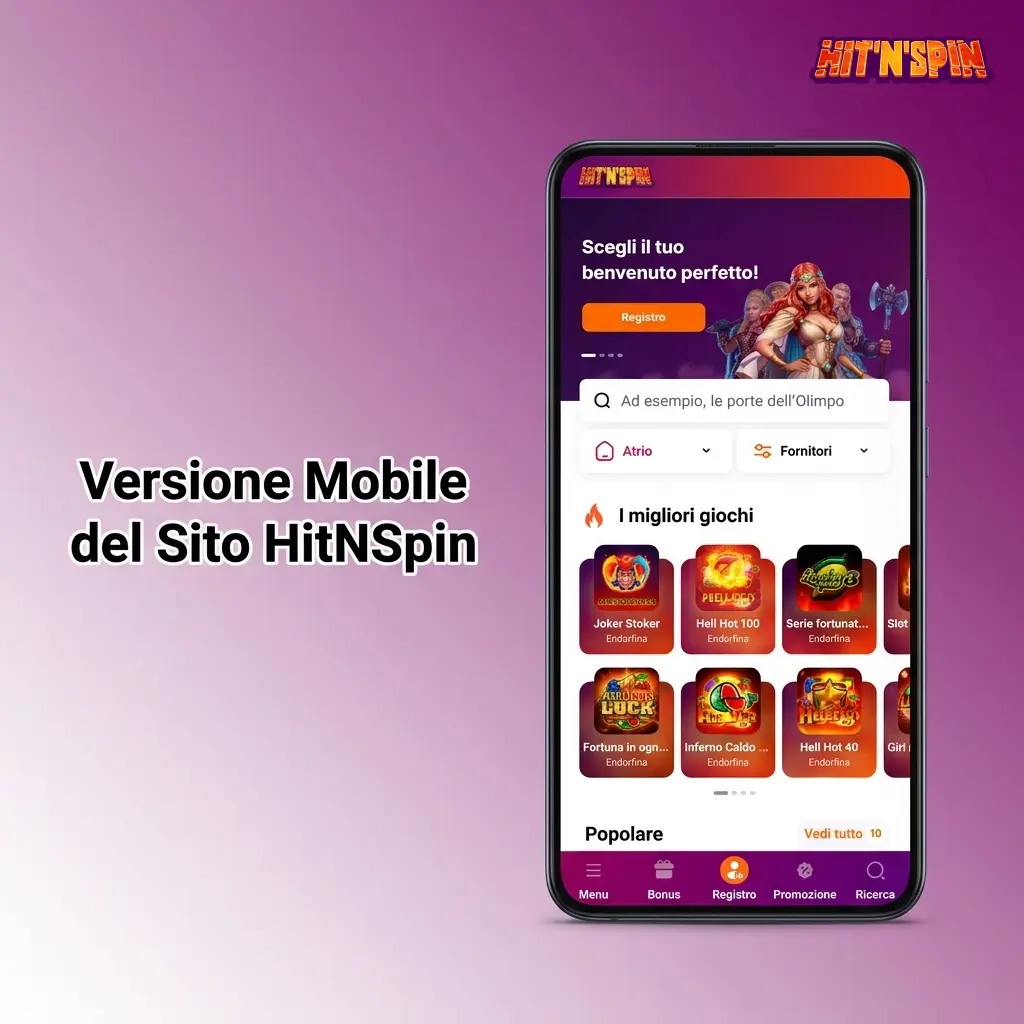 Versione mobile HitNSpin ottimizzata per smartphone e tablet, con layout responsive e accesso diretto dal browser